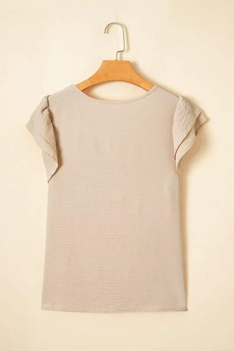 Beige Solid Color Ruffled Short Sleeve Casual Blouse For Women - Love Salve